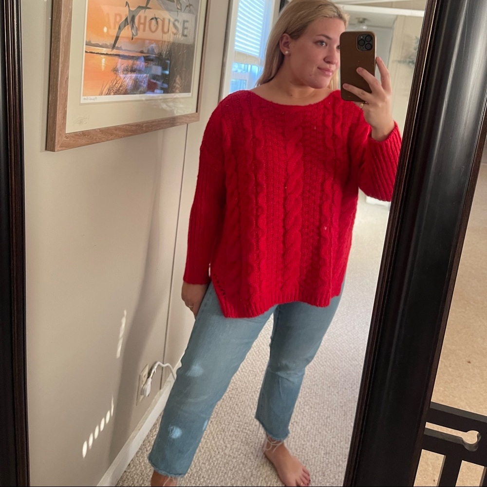 Red cable knit sweater from pink lily boutique